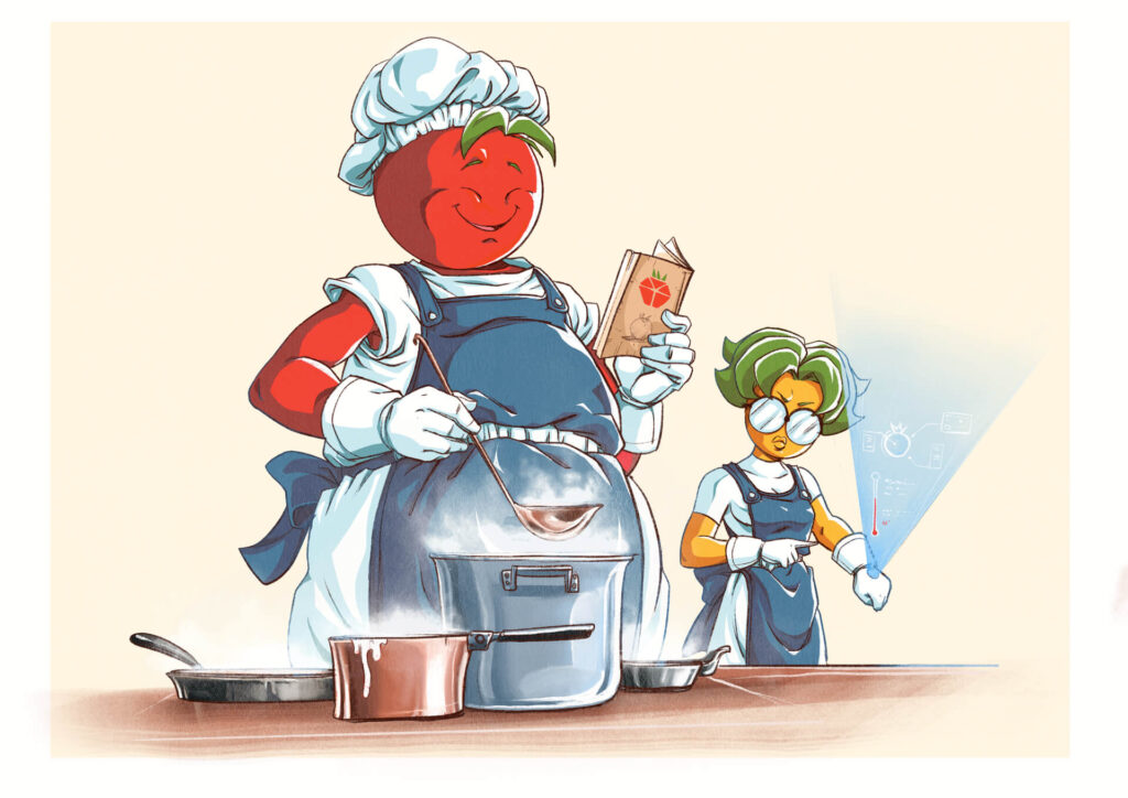 Pomodoro chef cucina con assistente tecnologica.